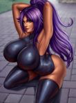1female arms_up artist_name big_breasts black_high_heel_boots black_leotard bleach bodysuit breasts brown_eyes brown_lips brown_lipstick dark-skinned_female dark_skin flowerxl hands_behind_head hips huge_breasts leotard long_hair looking_at_viewer on_knees ponytail purple_hair seductive_smile sexy sexy_armpits shihouin_yoruichi shounen_jump skin_tight slut solo_female solo_focus stockings tail thick_body thick_thighs thighs