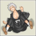  1girl bleach blush breasts cleavage clenched_teeth closed_eyes cum cum_on_body cum_on_upper_body deep_rising facial footwear from_above hair japanese_clothes kotetsu_isane legs_up lying on_back sandals shadow short_hair silver_hair socks solo teeth thor_(deep_rising) 
