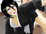 1boy 1girl ahegao arm_grab bent_over black_hair bleach blush breasts censored cum cum_drip drooling flat_chested fucked_silly game_cg grey_eyes japanese_clothes kuchiki_rukia looking_back male/female maten nipples no_bra open_clothes open_mouth saliva sex small_breasts solo solo_focus sweat tears vaginal