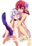 2girls bare_arms bare_ass bare_legs bare_shoulders bare_thighs barefoot blue_eyes blue_hair blue_socks blush flower_hair_ornament legs_up long_hair looking_at_another multicolored_hair no_game_no_life nude nude_female open_mouth orange_eyes shiny shiny_hair shiny_skin shiro shiro_(no_game_no_life) sitting stephanie_dora tagme teeth tongue white_background 