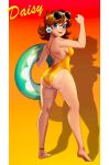  1girl ass beach blue_eyes earrings female female_only kneepits looking_at_viewer nintendo nipples one-piece_swimsuit princess_daisy solo standing sunglasses sunglasses_on_head super_mario_bros. super_smash_bros. swimsuit 