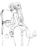 1girl alcohol ass astaroth astaroth_(shinrabanshou) back beer black_sclera female_only horns leaning_forward looking_back monochrome panties refrigerator shinrabanshou solo_female standing sweat tail towel underwear underwear_only