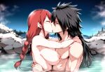 1boy 1girl arm_around_neck black_hair breasts couple fairy_tail irene_belserion kissing madara_uchiha nipples nude nude_female nude_male red_hair