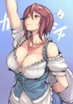  1girl adult arm_behind_back arm_up bare_shoulders barmaid blush breasts brown_eyes brown_hair cleavage cleavage_cutout corset dirndl female flower flower_necklace german_clothes hair_between_eyes jewelry large_breasts musical_note necklace oktoberfest older reaching rozen_maiden rozenweapon short_hair smile solo souseiseki traditional_clothes tray tsuda_nanafushi underbust 