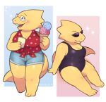 1girl 2020s 2024 2d 2d_(artwork) 3_toes alphys alternate_costume anthro anthro_only arm_support artist_name black_swimsuit blue_bottomwear blue_shorts bottomwear breasts chubby chubby_anthro chubby_female cleavage clothed clothed_female clothing digital_media_(artwork) feet female_anthro female_only food full_body glasses holding_ice_cream holding_ice_cream_cone holding_object ice_cream ice_cream_cone lizard lizard_girl lizard_tail monster monster_girl multiple_views non-mammal_breasts one-piece_swimsuit open_mouth red_topwear reptile reptile_girl reptile_tail scalie shorts shortstack simple_background sitting solo_anthro solo_female sparkle standing sunglasses swimsuit swimwear tail thick_legs topotopo_0_0 topwear twitter twitter_username undertale undertale_(series) video_game_character video_games yellow_body yellow_skin