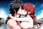 1boy 1girl arm_around_neck black_hair breasts couple irene_belserion kissing madara_uchiha nipples nude nude_female nude_male red_hair