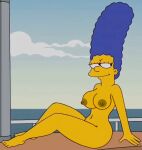  1girl black_eyes blue_hair breasts closed_mouth feet female_only fox marge_simpson milf navel the_simpsons yellow_skin 