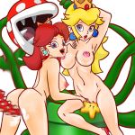  ass blonde blonde_hair blue_eyes brown_hair censored crown dizzney earrings fingering from_behind jewelry lipstick long_hair makeup navel nude open_mouth penis piranha_plant plant princess_daisy princess_peach sideboob super_mario_bros. super_mario_galaxy tentacles vaginal_object_insertion white_background yuri 