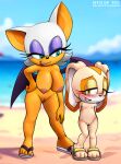 2girls ai_generated anthro anthro_only beach big_breasts blush breasts cream_the_rabbit cub female_only flip_flops nude nude_female pussy rabbit_girl rouge_the_bat small_breasts sonic_the_hedgehog_(series)
