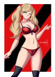 1girl absurd_res alluring ann_takamaki atlus big_breasts black_bow black_socks blonde_hair blue_eyes bow breasts female_only high_res lingerie navel one_eye_closed panties persona persona_5 persona_5_the_royal red_panties smile socks solo_female sonicheroxd twin_tails underwear