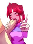 1boy 1girl bete_noire betty_noire big_penis blush_stickers brown_hair fellatio female_focus glitchtale male male/female one_eye_closed oral penis pink_shirt purple_shirt red_eyes red_hair sex solo_focus sucking_penis undertale_au v white_background zixy_(artist) 