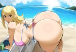 1girl ai_generated beach bikini blonde_hair brown_eyes curvaceous dat_ass fairy_tail female female_only fridge from_side huge_ass huge_breasts lucy_heartfilia mullon novelai ocean side-tie_bikini side-tie_bikini_bottom solo_female summer voluptuous voluptuous_female