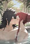 1boy 1girl black_hair couple fairy_tail irene_belserion kissing madara_uchiha nude nude_male red_hair