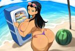 1girl aged_up ai_generated beach bikini curvaceous dat_ass female female_only fridge glasses huge_ass huge_breasts nico_robin novelai one_piece solo summer tan_body voluptuous voluptuous_female watermelon