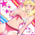 1girl an_nosada annosada bad_id blonde_hair boobies_uniform breasts bursting_breasts censored choker crotchless crotchless_clothes cum cum_in_pussy cumdrip earrings female front-tie_top hair hairband heart heart_censor honey_(space_dandy) jewelry lipstick long_hair looking_at_viewer makeup navel nipples open_mouth outlined_character pussy short_shorts shorts smile solo space_dandy star stars sweat v wrist_cuffs