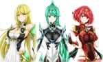  3_girls armor big_breasts blonde_hair blush cleavage commentary_request covered_navel dress earrings elbow_gloves female_focus fingerless_gloves gem gloves green_eyes green_hair hair_ornament headpiece high_res hisin jewelry long_hair looking_at_viewer matching_hair/eyes mechanical_wings multiple_girls multiple_persona mythra nintendo panties pneuma_(xenoblade) ponytail pyra red_eyes red_hair red_shorts short_hair short_shorts shorts shoulder_armor simple_background smile spoilers stockings swept_bangs thigh_strap tiara underwear very_long_hair white_background white_dress wings xenoblade_(series) xenoblade_chronicles_2 yellow_eyes 