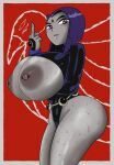  ass breasts_outside dc_comics doompypomp forehead_mark large_breasts looking_at_viewer middle_finger nipple_piercing purple_hair raven_(dc) short_hair sweat tagme teen_titans 