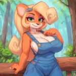 ai_generated big_breasts blonde blonde_hair coco_bandicoot crash_bandicoot_(series) forest forest_background furry green_eyes looking_at_viewer orange_fur overalls ponytail white_fur