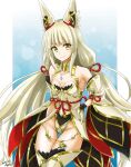 1girl alluring animal_ears blue_background boots cat_ears cat_girl core_crystal_(xenoblade) cowboy_shot dated gloves grey_hair high_res highleg highleg_leotard hisin leotard long_hair looking_at_viewer nia nia_(blade)_(xenoblade) nia_(xenoblade) nintendo signature small_breasts thigh_high_boots twin_tails two-tone_background very_long_hair white_background white_footwear white_gloves white_leotard white_sleeves xenoblade_(series) xenoblade_chronicles_2 yellow_eyes