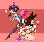  2_girls ass black_hair brown_hair bunny_gif bunnyayumi cosplay demon_girl demon_tail devil_horns devil_tail horns looking_at_another rabbit_ears swimsuit_succubus twitch twitch.tv twitter yuri 