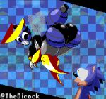 1boy 1girl 2023 ass ass_focus badnik bee big_ass big_breasts breasts buzz_bomber curvaceous curvy eyelashes female_focus flying limited_palette looking_at_another looking_at_ass looking_back palette_limitation pixel_art pog robot robot_girl sega sonic_the_hedgehog sonic_the_hedgehog_(series) stinger thedicock thick_thighs