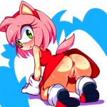 1girl ai_generated all_fours amy_rose anus ass blush dat_ass furry furry_female gloves green_eyes looking_back pink_fur pussy pussy_juice red_dress sega simple_background sonic sonic_the_hedgehog_(series) upskirt