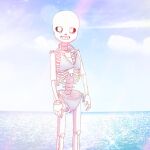 1:1 1:1_aspect_ratio 1boy 2020s 2023 animated_skeleton bikini bikini_bottom bikini_top blue_bikini blue_bikini_bottom blue_bikini_top crossdressing detailed_background looking_at_viewer male male_only monster s2ames2 sans sans_(undertale) sea skeleton sky solo_male swimwear undead undertale undertale_(series)