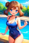  1girl ai_generated blue_eyes blush breasts brown_hair creatures_(company) female_focus game_freak haruka_(pokemon) looking_at_viewer may_(pokemon) navel nintendo one-piece_swimsuit pokemon_(anime) pool water 