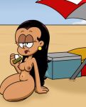 1girl areola beach breasts brown_skin carlota_casagrande curvy dark_hair earrings eating food latina legs lipstick long_hair navel nickelodeon nipples nude on_ground outside parted_lips sexy sitting slut stomach takeshi1000 the_casagrandes the_loud_house thick thick_thighs wide_hips