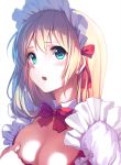  1girl :o blonde_hair blue_eyes blush bow bowtie breasts caidychen centimetre cleavage collaboration headdress hot large_breasts long_hair looking_at_viewer maid_headdress open_mouth original simple_background solo sweat white_background 