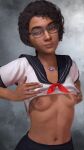  1girl 3d belly_button breasts brown_eyes brown_hair clementine_(the_walking_dead) dark-skinned_female dark_skin female_only glasses irispoplar lifting_shirt looking_at_viewer necklace nipples school_uniform showing_breasts showing_off small_breasts tease teasing teen teen the_walking_dead the_walking_dead_game 