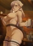  1girl 1girl 1girl bare_shoulders black_clover breasts high_resolution medium_breasts noelle_silva pink_eyes public shexyo silver_hair skindentation stockings sweatdrop thick_thighs thighs tray very_high_resolution white_legwear 