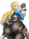  1girl ass ass_grab blonde blonde_hair braid breath_of_the_wild bubble_butt cameltoe clothed cover embarrassed eyelashes female_only gloves green_eyes huge_ass hylian leggings link long_hair looking_at_viewer looking_back nintendo nuezou offscreen_male pantylines plump_ass pointy_ears princess_zelda skin_tight the_legend_of_zelda white_background zelda_(breath_of_the_wild) 