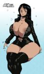  1girl big_breasts black_hair breasts bubble_butt female_only huge_ass huge_breasts jay-marvel leather_minidress looking_at_viewer nico_robin nipples one_piece open_jacket shounen_jump tan thick_thighs voluptuous 