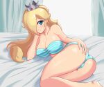  1girl alluring alternate_costume aqua_bra aqua_panties ass ass_focus bare_arms bare_legs bare_shoulders bed big_ass blonde_hair blue_eyes blush bra breasts bubble_ass bubble_butt butt_focus cleavage closed_mouth cogbrony collarbone crown curtains dat_ass day erect_nipples eyebrows_visible_through_hair female_only hair_over_one_eye hand_on_own_ass hand_on_own_face human human_only jewelry legs lingerie long_hair looking_at_viewer lying mario_(series) neck nintendo on_bed on_side panties presenting presenting_hindquarters princess_rosalina rosalina shiny_hair shiny_skin smile strapless strapless_bra striped striped_bra striped_panties super_mario_bros. thick_ass 
