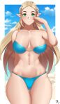  1girl 1girl 2022 alluring arcedo artist_signature ass_visible_through_thighs athletic_female beach bikini blonde_hair blue_bikini breasts female_abs female_only fit_female green_eyes high_res hips huge_breasts hylian long_ears long_hair nintendo outside pointy_ears princess princess_zelda royalty slim_waist the_legend_of_zelda thick_thighs thigh_gap thighs wide_hips 