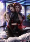  2_girls avengers ayyasap black_widow bodysuit breasts brown_hair cleavage clothing female_only leather long_hair marvel marvel_cinematic_universe mcu red_hair scarlet_witch short_hair unzipping yuri 