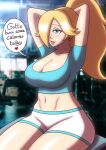  1girl abs alluring arms_behind_head athletic_female beg4cake big_breasts blonde_hair blue_eyes blue_shirt breasts cleavage dialogue earring female_abs female_only fit_female hair_over_one_eye mario_(series) midriff nintendo ponytail princess_rosalina shirt shorts six_pack smile super_mario_bros. tight_shirt tying_hair white_shorts workout_clothes 