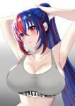 1girl alear_(female)_(fire_emblem) alear_(fire_emblem) alluring alternate_breast_size alternate_costume alternate_hairstyle armpits arms_behind_head big_breasts blue_eyes blue_hair breasts cleavage female_only fire_emblem fire_emblem_engage gym_uniform light_skin long_hair looking_at_viewer multicolored_hair nintendo official_alternate_hairstyle ponytail red_eyes red_hair sports_bra tara_(szzj7733) two-tone_hair very_long_hair