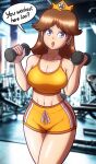  1girl 1girl abs alluring athletic_female beg4cake big_breasts blue_eyes breasts brown_hair cleavage crown dialogue dumbbell earrings female_abs fit_female looking_at_viewer mario_(series) nintendo open_mouth orange_shorts princess_daisy short_shorts shorts six_pack sports_bra super_mario_bros. thick_thighs wide_hips working_out 