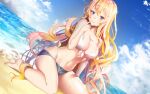 1girl beach bikini blonde_hair blue_eyes breasts clouds female_only finger_in_mouth maze_yuri ocean shiny_hair shorts smile swimsuit yellow_hair