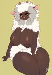  1girl 1girl 2019 anthro anthrofied areola belly big_breasts biped bovid breasts brown_body brown_skin buxbi caprine curvy_figure dark_body dark_skin digital_media_(artwork) front_view fur horizontal_pupils huge_breasts mammal nintendo nipples pok&eacute;mon pok&eacute;mon_(species) pok&eacute;morph pupils signature simple_background sitting slightly_chubby smile thick_thighs video_games voluptuous white_body white_fur white_wool wide_hips wool_(fur) wooloo yellow_sclera 