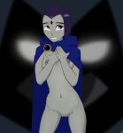  1girl anaxus belly_button blush breasts cloak dc_comics female_only grey_skin hands_on_own_chest navel nipples nude purple_hair pussy rachel_roth raven_(dc) superheroine teen_titans teeth 