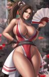  alluring bare_legs brown_hair fatal_fury female_abs flowerxl holding_fan king_of_fighters kunoichi mai_shiranui snk voluptuous 