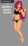  1girl 1girl big_breasts breasts cleavage clothed clothing curvy english_text female_focus female_only green_eyes looking_at_viewer pose revealing_clothes simple_background smile sp0rel0rd starfire teen_titans text underwear wide_hips 