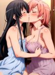  2_girls alluring black_hair cookiefudge kissing nightgown pink_hair yahari_ore_no_seishun_lovecome_wa_machigatteiru. yuigahama_yui yukinoshita_yukino yuri 