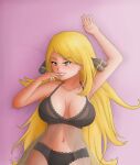 1female 1girl 2018 big_breasts black_lingerie blonde_hair breasts creatures_(company) cynthia_(pokemon) digital_drawing_(artwork) digital_media_(artwork) female_only finger_on_mouth fit_female game_freak hair_bow lingerie long_hair looking_at_viewer lying_on_bed lying_on_floor midriff navel nintendo pale-skinned_female pale_skin panties pokemon pokemon_dppt pokemon_trainer saf-404 safartwoks safartworks seductive_eyes seductive_look sexy_body shiny_skin smiley_face straight_hair upper_body video_game_character yellow_eyes