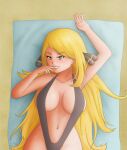 1female 1girl 2018 beach big_breasts black_swimsuit blonde_hair breasts creatures_(company) cynthia_(pokemon) digital_drawing_(artwork) digital_media_(artwork) female_only finger_on_mouth fit_female game_freak hair_bow long_hair looking_at_viewer lying_on_bed lying_on_floor midriff nintendo pale-skinned_female pale_skin panties pokemon pokemon_dppt pokemon_trainer saf-404 safartwoks safartworks seductive_eyes seductive_look sexy_body shiny_skin sling_bikini slingshot_bikini slingshot_swimsuit smiley_face straight_hair swimsuit upper_body video_game_character yellow_eyes