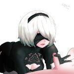 blindfold censored_penis cleavage clothed_female_nude_male handjob headband light-skinned_female light-skinned_male medium_breasts mole mole_under_mouth mosaic_censoring nier:_automata open_mouth penis small_penis textless_version white_hair yorha_no._2_type_b