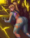 1girl ass blonde_hair blue_eyes bodysuit completely_nude_female damaged_clothes damaged_clothing female_only hand_on_floor hand_on_weapon huge_breasts large_ass long_hair metroid nintendo on_knees pale-skinned_female ponytail rear_view saf-404 safartwoks safartworks samus_aran scared scared_expression sideboob solo_female tagme thick_thighs torn_bodysuit video_games